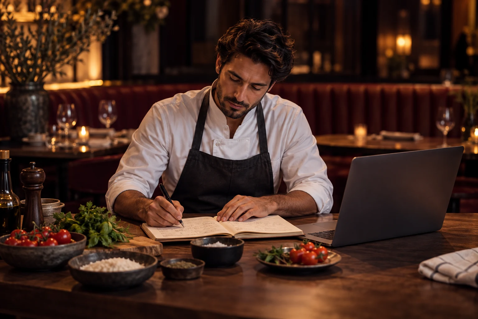 Planificación de recetas e ingredientes con un ordenador en un restaurante