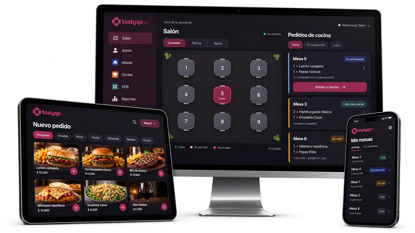 Tastyqo OS en ordenador, tablet y teléfono, con vistas ilustrativas de salón, carta y mesas